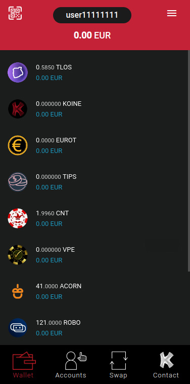 KWallet - Wallet view showing token balances