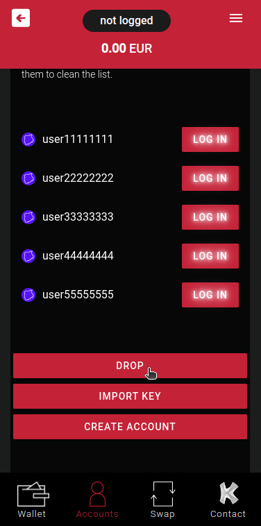 KWallet - Account options with Drop, Import Key, and Create Account buttons